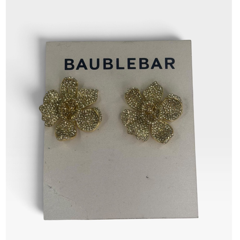 BaubleBar Gold Tone Pavé Crystal Daffodil Flower Stud Earrings NWT Chic Boho